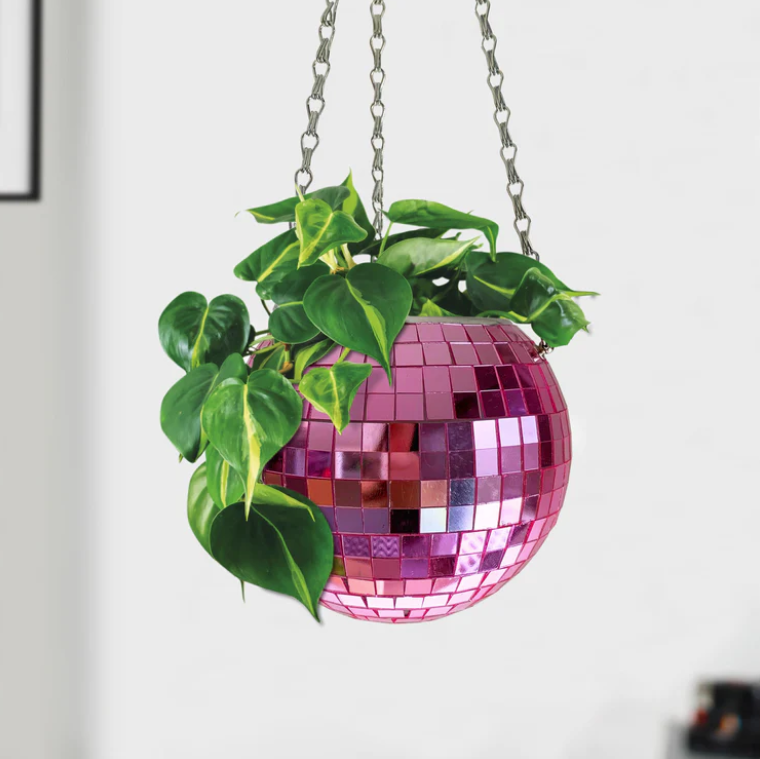 6" Disco Ball Hanging Planter Pink