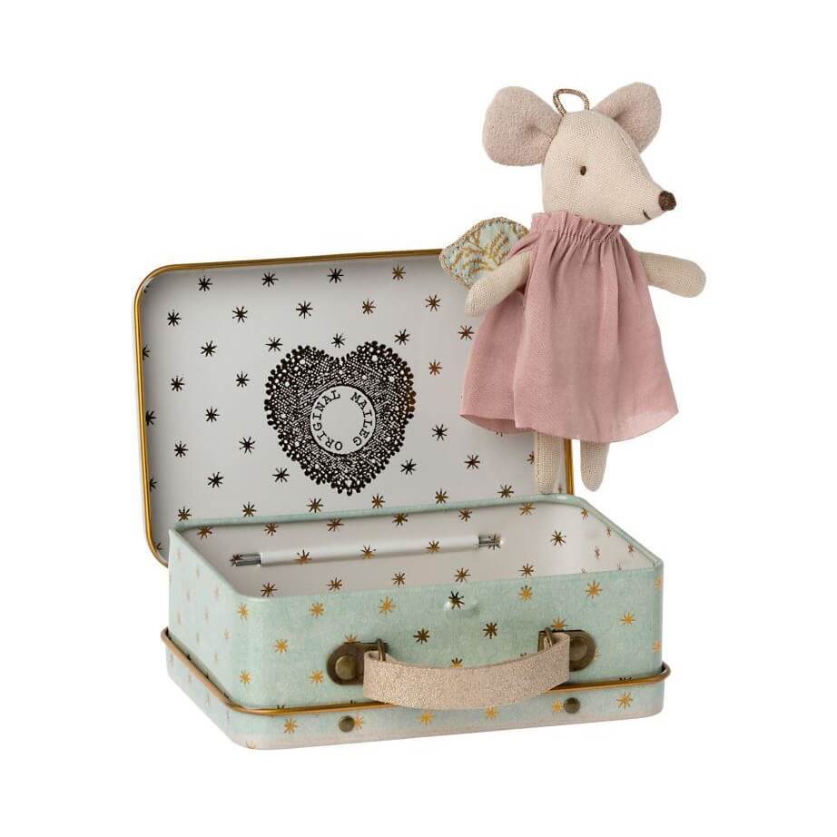 Maileg Little Sister Angel Mouse in Suitcase