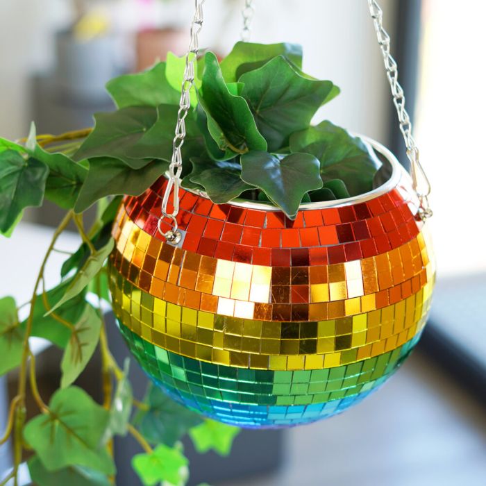 8" Disco Ball Hanging Planter Rainbow Edition