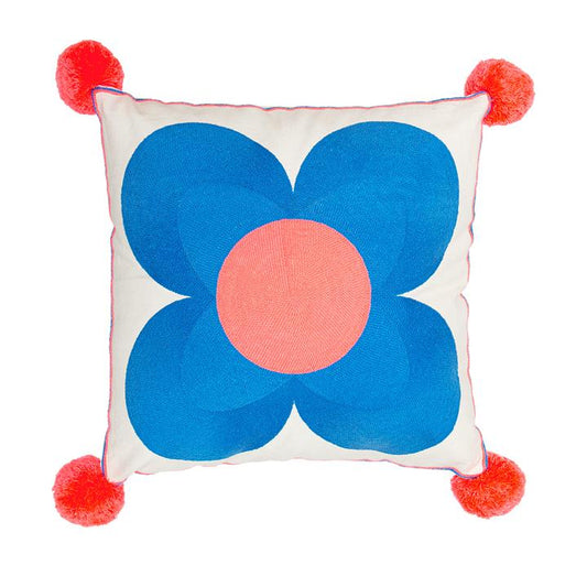 Jemima Flower Embroidered Cushion Cornflower/Coral Centre